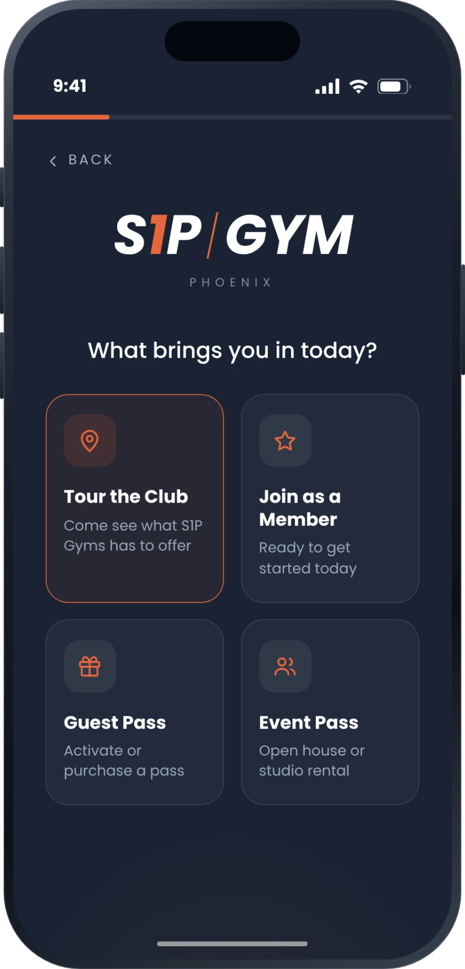 Guest choosing why they came in on the Guest Pass Connect check-in screen