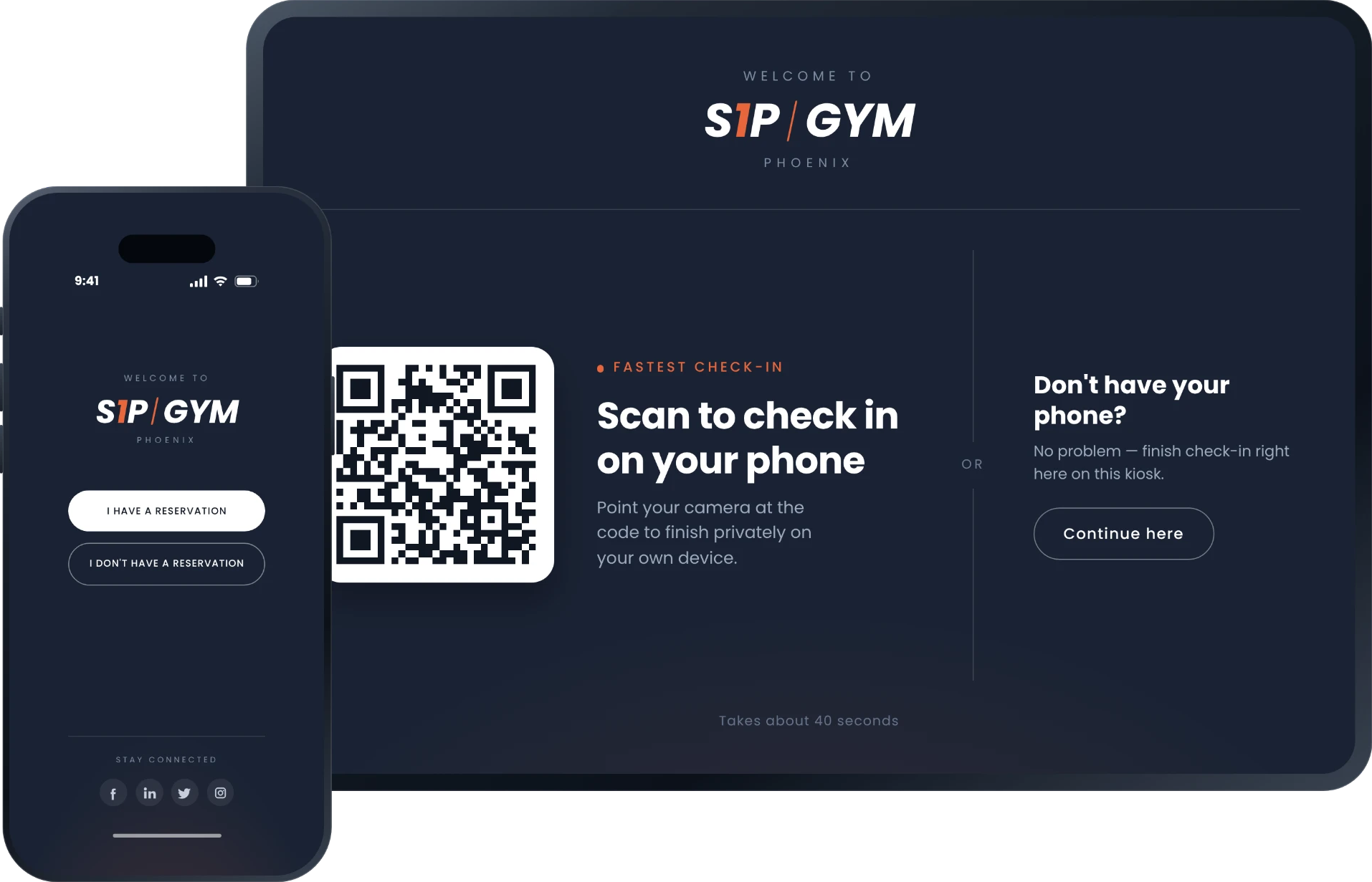 Guest Pass Connect check-in on a front desk tablet and a guest phone